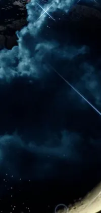 This stunning live wallpaper depicts the Earth from outer-space, featuring the Moon and a blue V2 rocket flying through the darkness