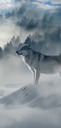 This wolf live wallpaper depicts a majestic wolf standing on a snow-covered slope with misty, crypto-colored, grey, silver and blue
