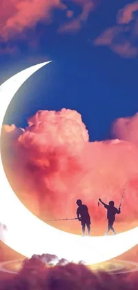 This live wallpaper features a striking image of a couple standing on top of a full moon, using a stick to hold it aloft