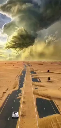 This phone live wallpaper showcases a surrealistic desert road scene with a car driving amidst golden clouds during sunset
