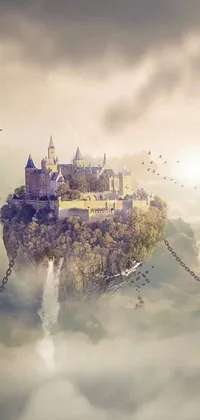 This is a charming phone live wallpaper showcasing a fairytale castle nestled atop a cliff amidst serene clouds