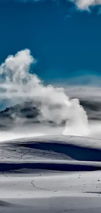 This live wallpaper showcases a group of skiers and snowboarders riding down a snowy slope amidst geysers of steam