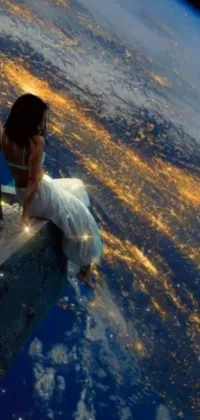 This stunning phone live wallpaper showcases a woman in a white dress, sitting on a ledge high above the Earth