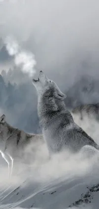 Looking for a captivating live wallpaper for your phone? Check out our wolf wallpaper featuring a pack of majestic wolves standing on a snow-covered slope