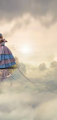 This live phone wallpaper showcases a surreal high fashion scene of a woman in a flowing dress, in mid-flight amidst fluffy clouds, set against a picturesque cliffside and castle on a cloud