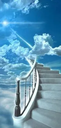 This beautiful live wallpaper features a winding staircase that leads towards a blue sky and white fluffy clouds