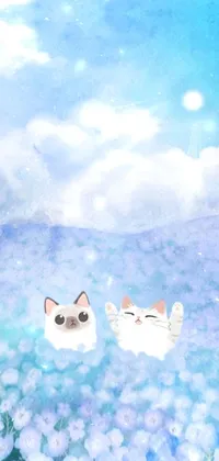 This is a lovely live wallpaper featuring a charming watercolor painting of two adorable cats sitting among a bright and colorful field of flowers