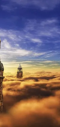 This live wallpaper features a clock tower situated atop golden towers in the clouds