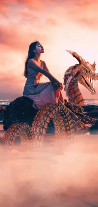 This mesmerizing live wallpaper showcases an exquisite digital art piece featuring a woman perched atop a dragon statue