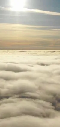 This phone live wallpaper features a cinematic 4K framegrab of a plane flying over bright, cloudy skies