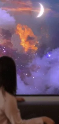 This phone live wallpaper depicts a mesmerizing scene of a woman in a car gazing at the starry sky