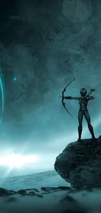 This live wallpaper features an image of a man standing on a rock holding a bow against a galactic background
