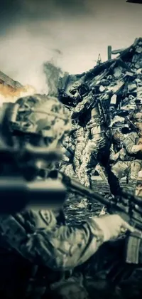 This dynamic live wallpaper features a gripping scene of soldiers running amidst a war-torn landscape, as a man brandishes a firearm on top of a pile of rubble