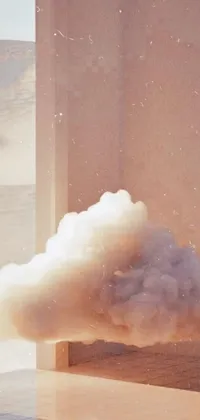 This live phone wallpaper features a fire hydrant emanating a cloud of smoke against a backdrop of light pink and white clouds set in a bright blue sky