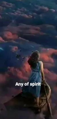 This phone live wallpaper showcases a stunning piece of fantasy artwork featuring a woman sitting atop a boat in the clouds