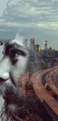 This digital art live wallpaper showcases a bearded man standing against a vivid cityscape backdrop