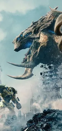 This stunning phone live wallpaper showcases a digital art masterpiece featuring a colossal dragon and Pacific Rim Jaeger wreacked within a city