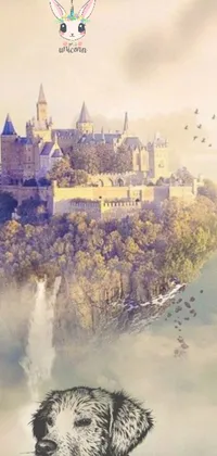 "Discover a dream-like, fantasy-themed phone live wallpaper featuring a playful dog on a floating and flying island, complete with a grand castle in the background