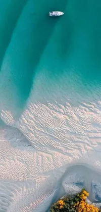 This stunning live wallpaper showcases an idyllic scene of a boat serenely floating on top of crystal clear Caribbean waters, surrounded by soft white sand