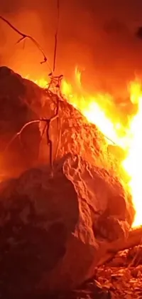 This phone live wallpaper showcases a captivating video of a large rock in front of a blazing fire, creating a stunning visual effect