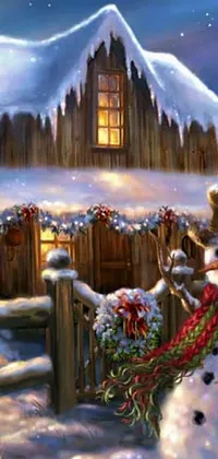 This mobile wallpaper features a lovely digital artwork of a snowman standing in front of a cozy home, inspired by the holiday season