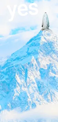 The phone live wallpaper portrays a mystical person standing atop a snow-clad peak with a stunning landscape in the background
