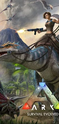 This phone live wallpaper showcases a unique concept art of a woman riding on the back of a dinosaur