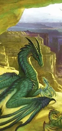 This dragon in the desert live phone wallpaper features an ultrafine-detailed painting of a majestic gold-green creature in vivid yellow, green and blue colors, set against a backdrop of sand and rocky mountains