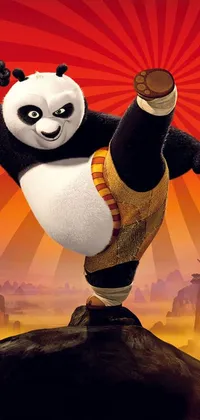 The Phone Live Wallpaper showcases a lively cartoon panda executing a kick on a rock, infused with vibrant colors and quality graphics
