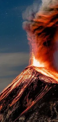 This phone live wallpaper showcases a fierce volcano eruption, spewing lava high into the sky against a dark background