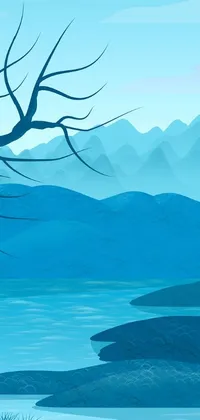 This phone live wallpaper depicts a serene scene of a lake set against a backdrop of mountains