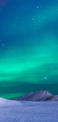 This mesmerizing live phone wallpaper showcases a charming spectacle of a couple standing atop a snow-coated slope, gazing at the awe-inspiring northern lights amidst the vastness of space
