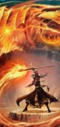 This epic fantasy phone live wallpaper showcases a thrilling portrayal of a man riding a horse and sprinting alongside a fiery dragon in an orange flame