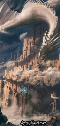 This stunning live wallpaper showcases a fantastical world where a majestic dragon soars over a mountain landscape with a castle in the distance