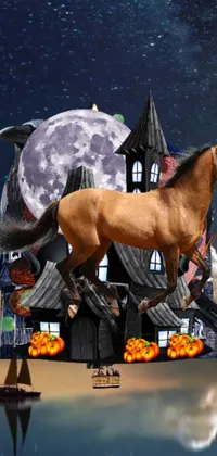 Looking for a stunning live wallpaper for your phone? Look no further than this surreal masterpiece! Featuring a powerful horse standing in front of a spooky haunted house, this wallpaper brings to mind a Halloween vibe like no other