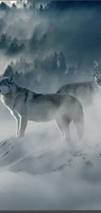 This stunning phone live wallpaper features a captivating portrait of two wolves on a snow-covered mountain slope, depicted in an art deco style