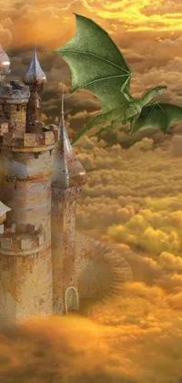 This phone live wallpaper showcases a stunning fantasy scene of a dragon flying over a castle in the clouds against a steampunk desert background