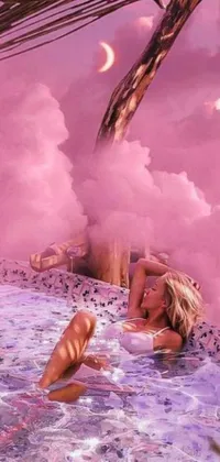 This phone live wallpaper showcases a peaceful woman relaxing in a hot tub surrounded by fluffy clouds, pink smoke and cigarette left aside