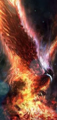 The digital art wallpaper for phones displays a phoenix bird soaring through the air amid flames