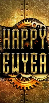 This live phone wallpaper features a golden metal sign with the text "Happy New Year" in an art nouveau and steampunk machinery style