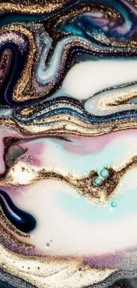 This liquid painting live wallpaper for phones is inspired by abstract art and features a mesmerizing iridescent color palette in shades of gold and jade, with swirling patterns reminiscent of galaxies and stars