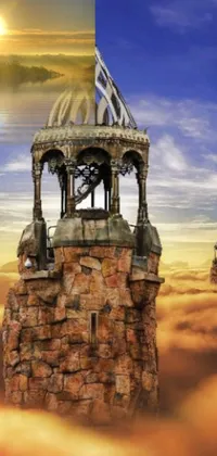 This live wallpaper showcases a clock tower in the center of a cloudy sky, boasting a surrealistic vibe with its stunning deep dream effect
