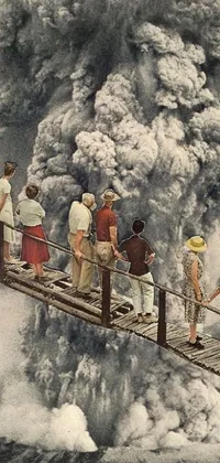 This live wallpaper features a colorized photo of a group of people standing on a suspension bridge over a canyon