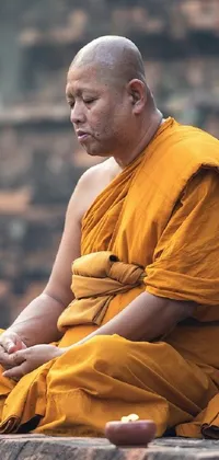This phone live wallpaper showcases a serene image of a monk sitting on a brick wall, dressed in calming yellow robes