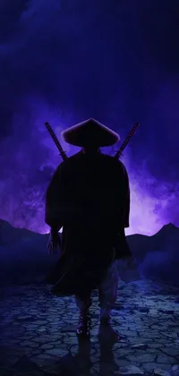 This phone live wallpaper features a striking image of a black-clad figure wielding two swords