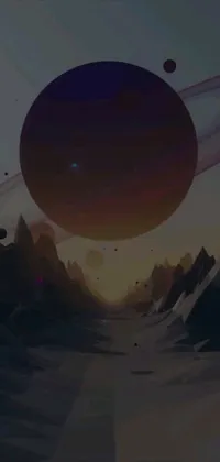This phone live wallpaper showcases a stunning digital painting of a faraway planet, surrounded by mountains and Saturn-like rings