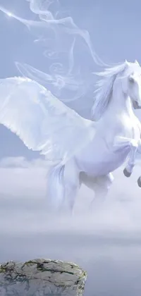 This live wallpaper features a flying white horse in the sky by an unknown artist