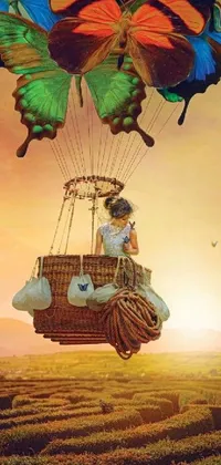 This phone live wallpaper showcases stunning artwork of a woman riding on a hot air balloon in a surrealistic rainbow environment