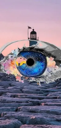 This live wallpaper brings together a striking blend of imagery - a close-up of a sparkling blue eye and a majestic lighthouse against a beautiful sunset