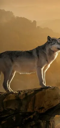This wolf live wallpaper depicts a stunning illustration of a wolf standing on a cliff